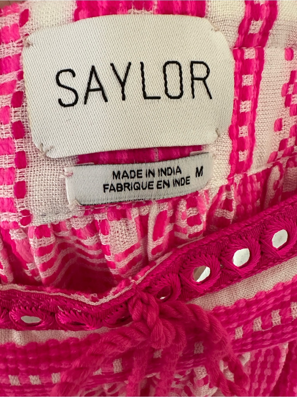 SAYLOR Hot Pink and White Embroidered Ruffle Sleeve tassel Pom Blouse - Picture 4 of 7